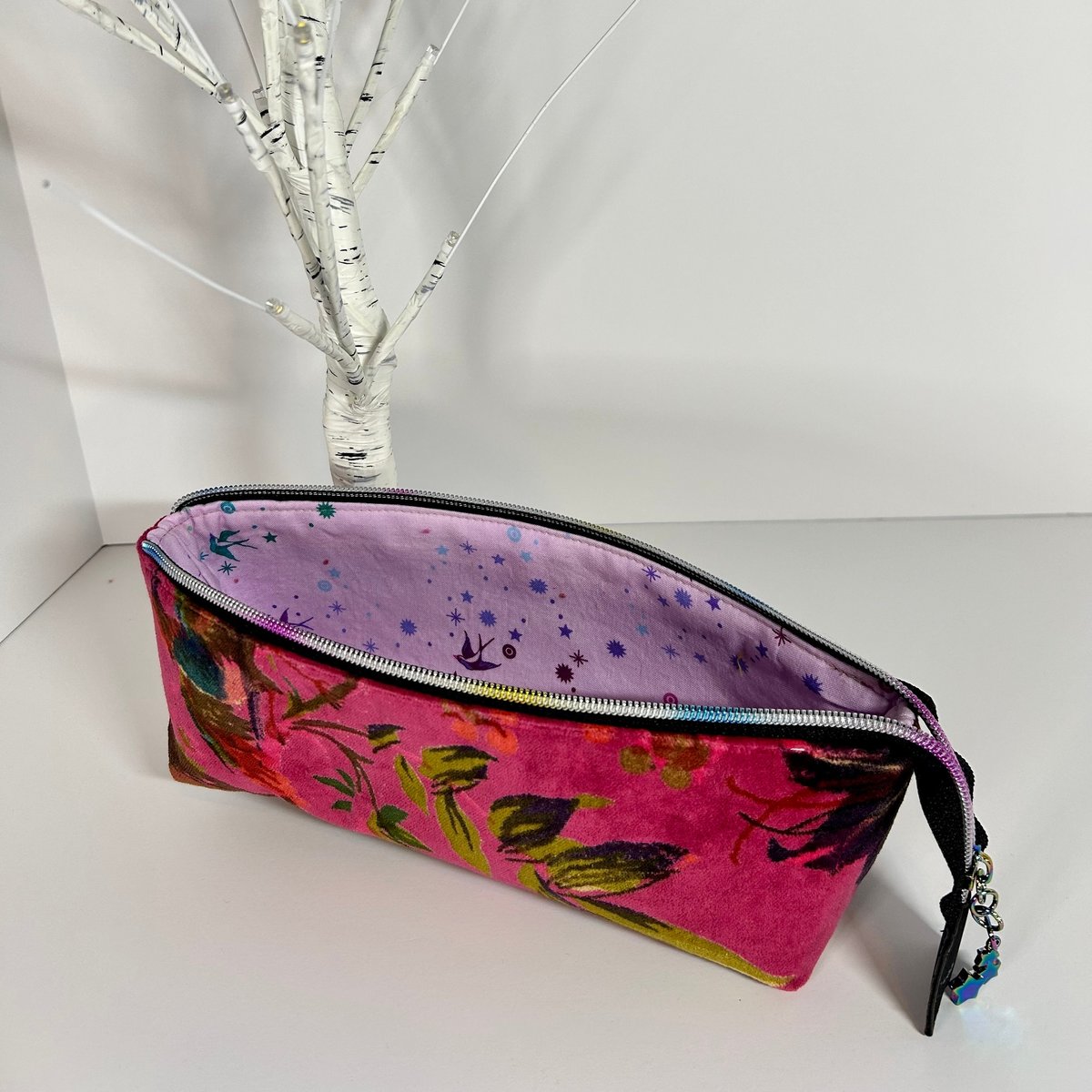 Velvet Birds Triangle Zip Bag